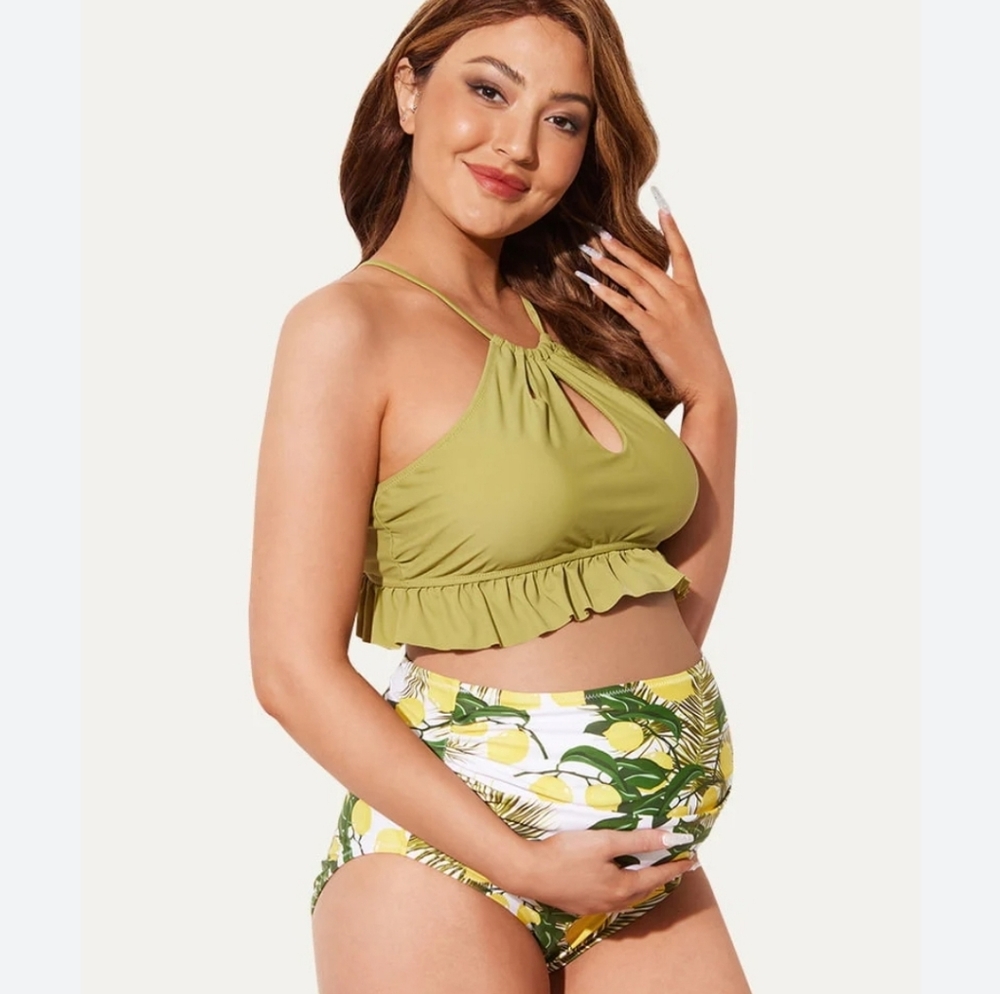 NWT SUMMER MAE MATERNITY Green Lemon High Waist Swimsuit One Piece Medium